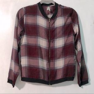 Mesh maroon plaid bomber jacket style top